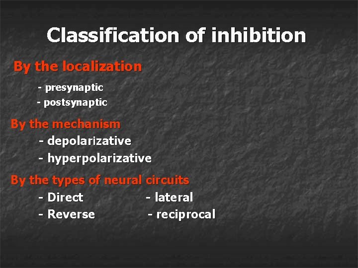 Classification of inhibition By the localization - presynaptic - postsynaptic By the mechanism -