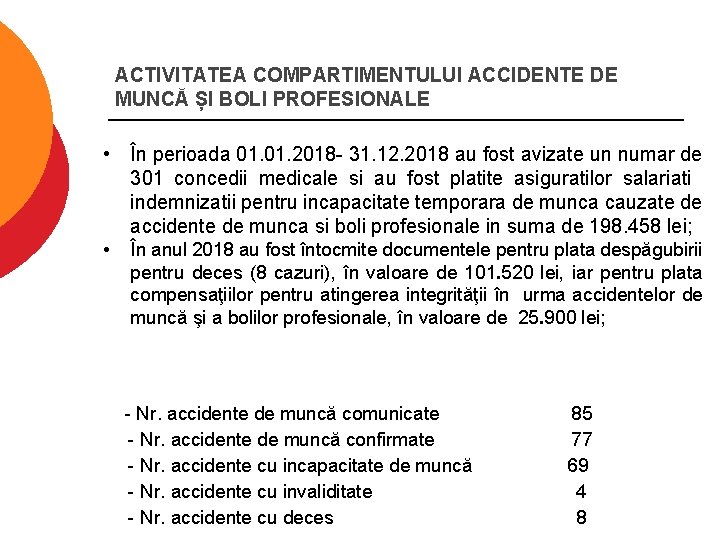 ACTIVITATEA COMPARTIMENTULUI ACCIDENTE DE MUNCĂ ȘI BOLI PROFESIONALE • În perioada 01. 2018 -