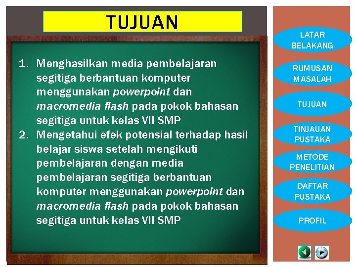 TUJUAN 1. Menghasilkan media pembelajaran segitiga berbantuan komputer menggunakan powerpoint dan macromedia flash pada