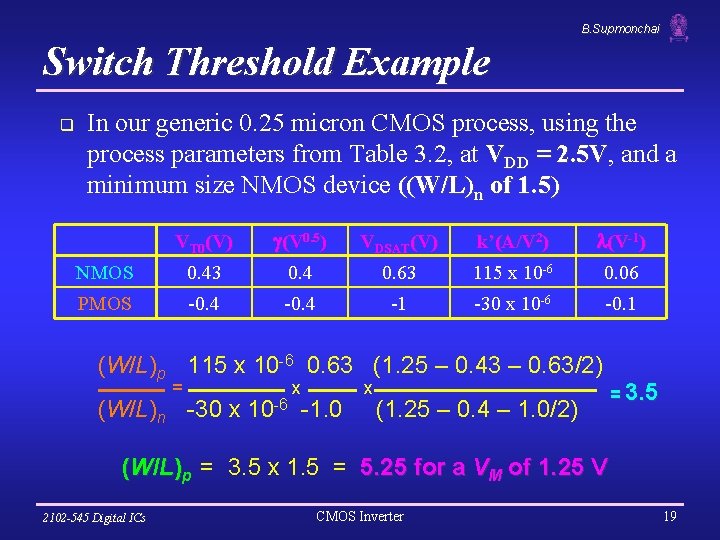 B. Supmonchai Switch Threshold Example q In our generic 0. 25 micron CMOS process,