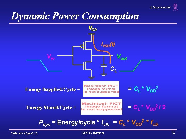 B. Supmonchai Dynamic Power Consumption VDD i. VDD(t) Vin Vout CL Energy Supplied/Cycle =