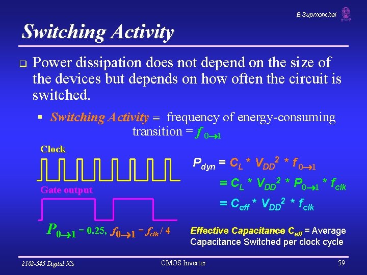 B. Supmonchai Switching Activity q Power dissipation does not depend on the size of