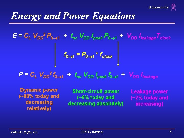 B. Supmonchai Energy and Power Equations E = CL VDD 2 P 0 1