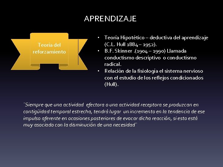 APRENDIZAJE Teoría del reforzamiento • Teoría Hipotético – deductiva del aprendizaje (C. L. Hull