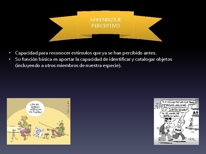 APRENDIZAJE PERCEPTIVO • Capacidad para reconocer estímulos que ya se han percibido antes. •