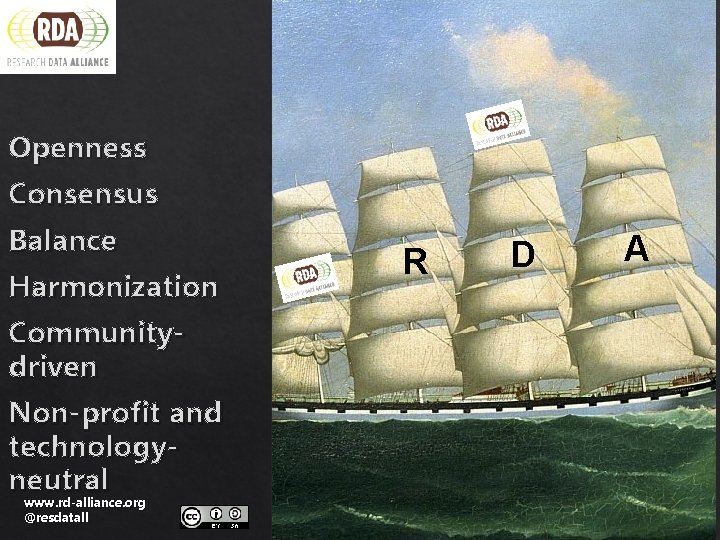 Openness Consensus Balance Harmonization Communitydriven Non-profit and technologyneutral www. rd-alliance. org @resdatall R D