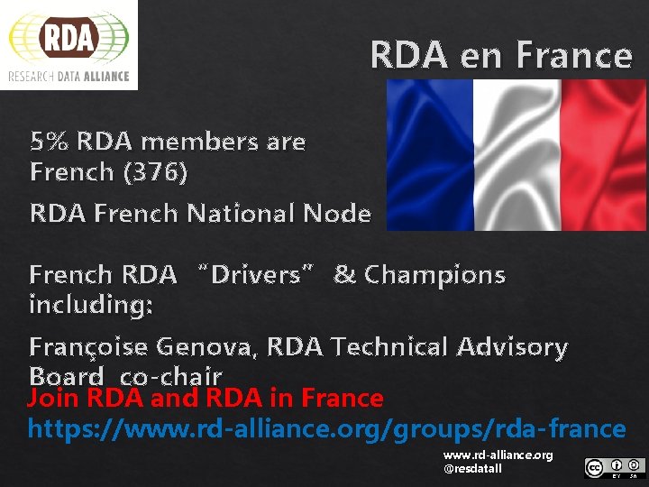 RDA en France 5% RDA members are French (376) RDA French National Node French