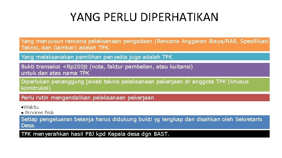 YANG PERLU DIPERHATIKAN Yang menyusun rencana pelaksanaan pengadaan (Rencana Anggaran Biaya/RAB, Spesifikasi Teknis, dan