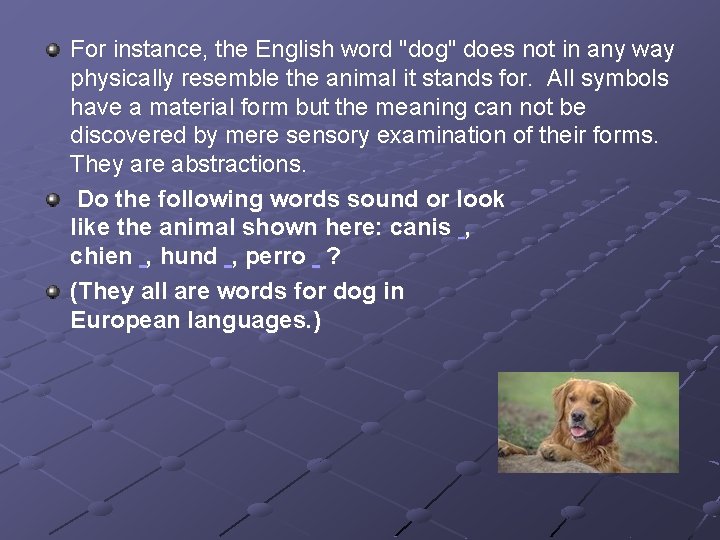 For instance, the English word "dog" does not in any way physically resemble the