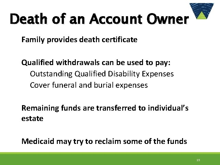 Death of an Account Owner Family provides death certificate Qualified withdrawals can be used