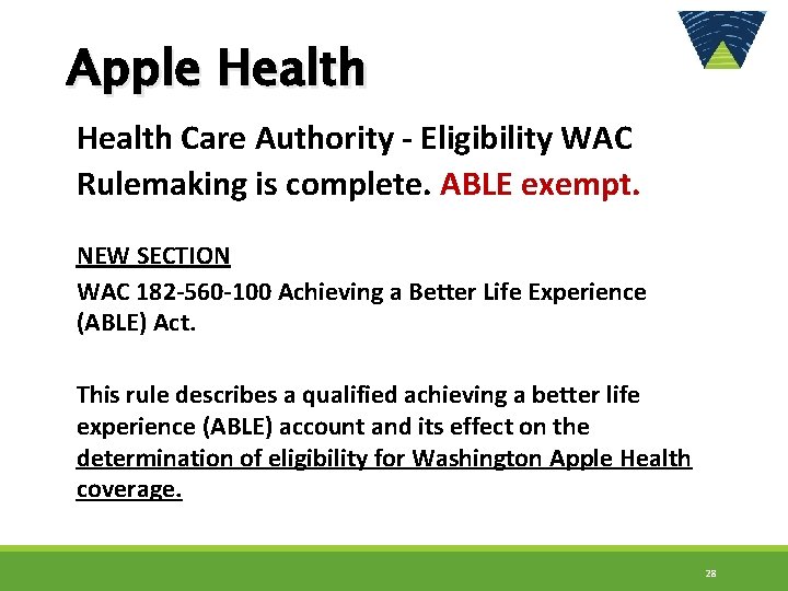 Apple Health Care Authority - Eligibility WAC Rulemaking is complete. ABLE exempt. NEW SECTION