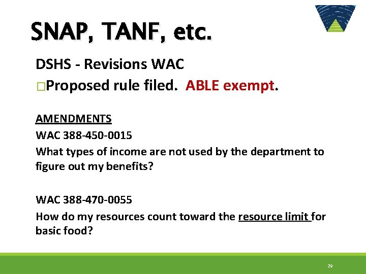 SNAP, TANF, etc. DSHS - Revisions WAC �Proposed rule filed. ABLE exempt. AMENDMENTS WAC