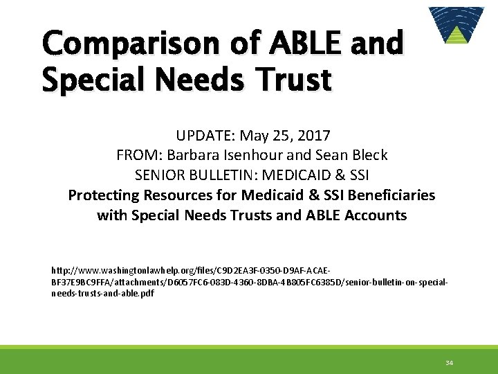 Comparison of ABLE and Special Needs Trust UPDATE: May 25, 2017 FROM: Barbara Isenhour