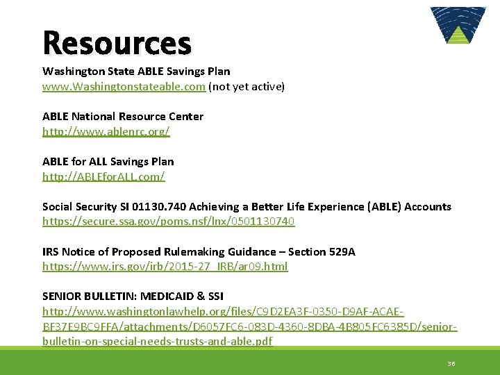 Resources Washington State ABLE Savings Plan www. Washingtonstateable. com (not yet active) ABLE National