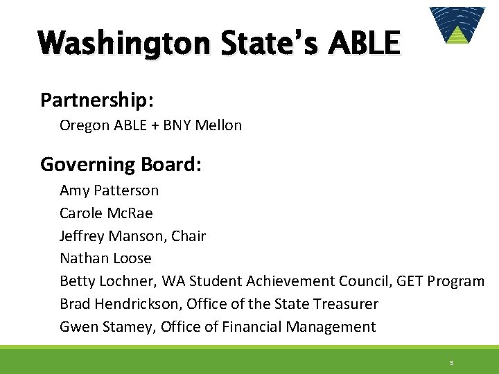 Washington State’s ABLE Partnership: Oregon ABLE + BNY Mellon Governing Board: Amy Patterson Carole