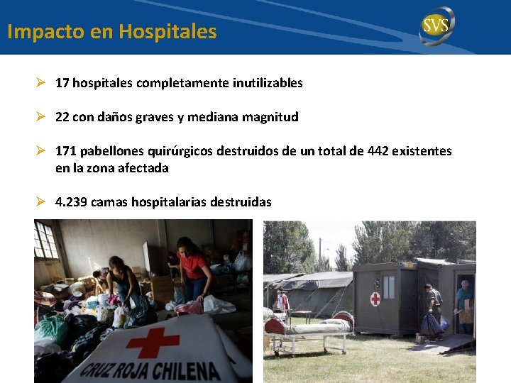 Impacto en Hospitales Ø 17 hospitales completamente inutilizables Ø 22 con daños graves y