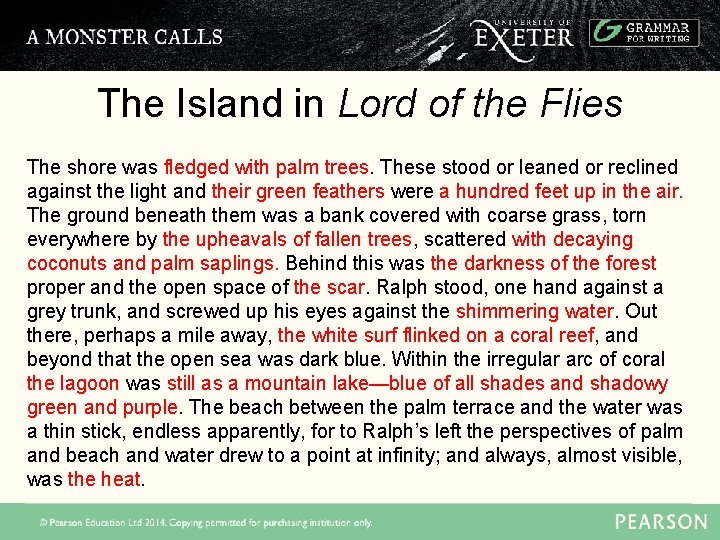 The Island in Lord of the Flies The shore was fledged with palm trees.
