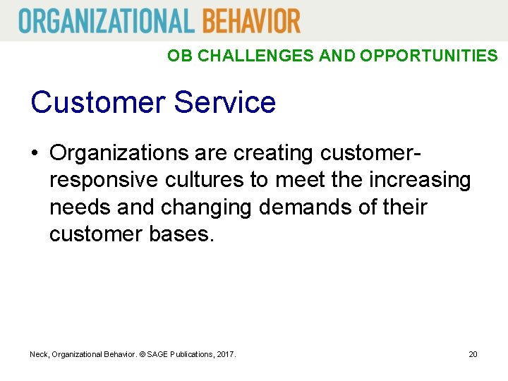 OB CHALLENGES AND OPPORTUNITIES Customer Service • Organizations are creating customerresponsive cultures to meet