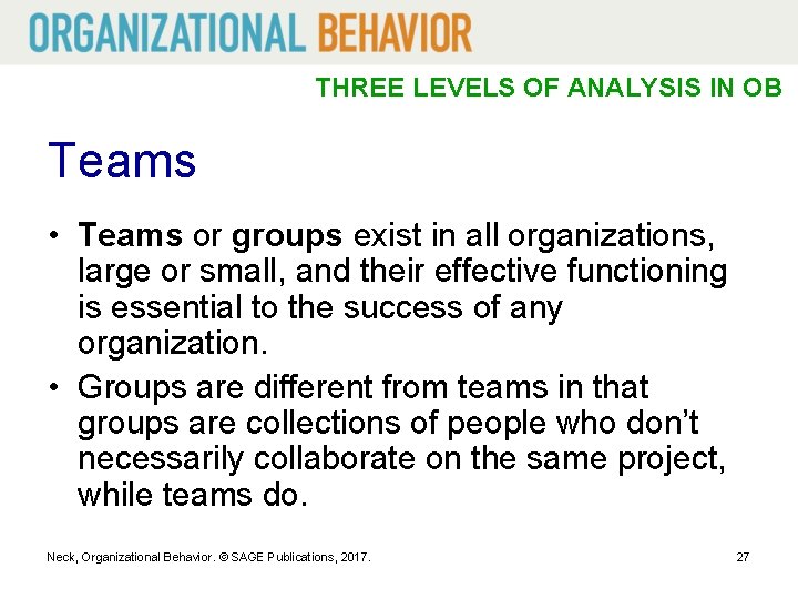 THREE LEVELS OF ANALYSIS IN OB Teams • Teams or groups exist in all