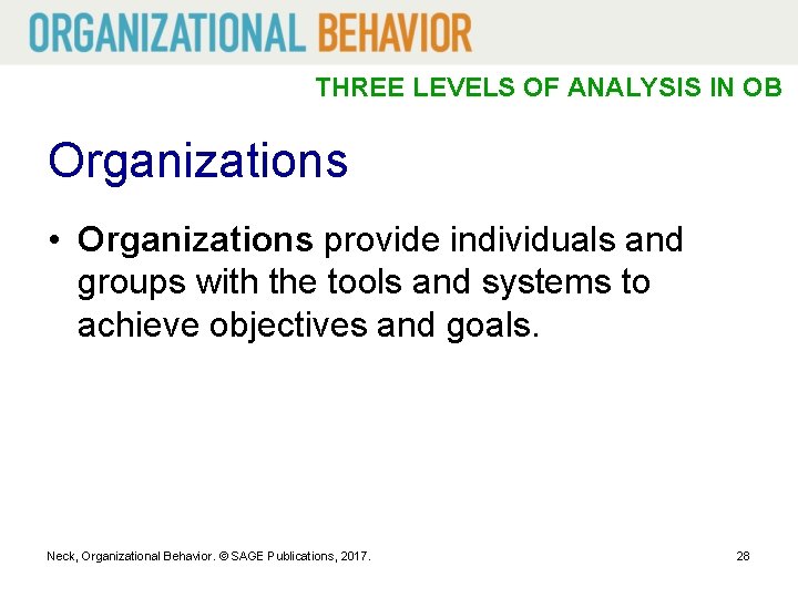 THREE LEVELS OF ANALYSIS IN OB Organizations • Organizations provide individuals and groups with