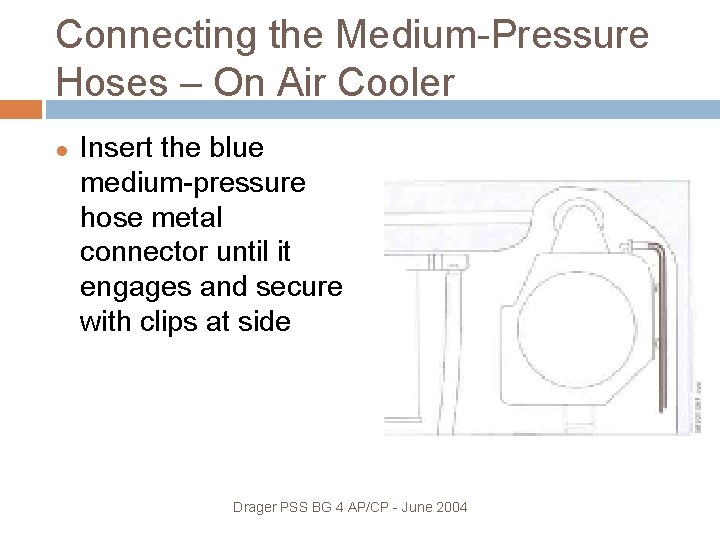 Connecting the Medium-Pressure Hoses – On Air Cooler Insert the blue medium-pressure hose metal