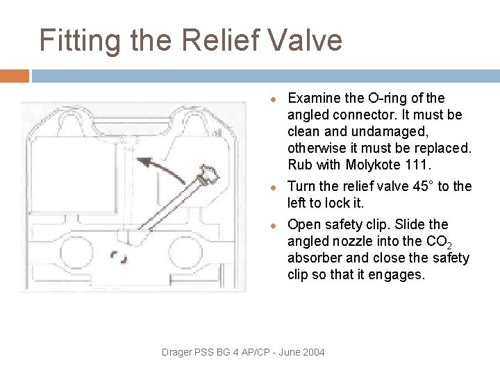 Fitting the Relief Valve Examine the O-ring of the angled connector. It must be