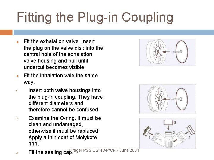 Fitting the Plug-in Coupling 1. 2. 3. Fit the exhalation valve. Insert the plug