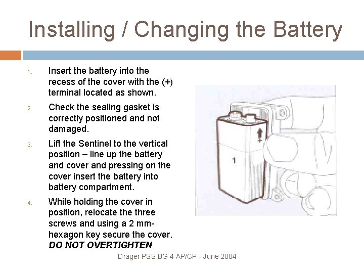 Installing / Changing the Battery 1. 2. 3. 4. Insert the battery into the