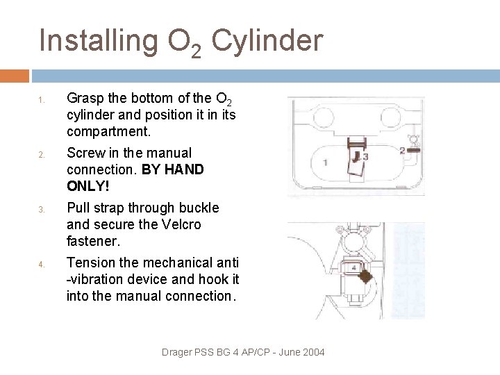Installing O 2 Cylinder 1. 2. 3. 4. Grasp the bottom of the O