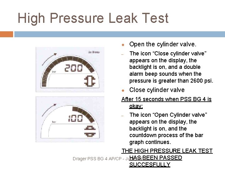 High Pressure Leak Test – Open the cylinder valve. The icon “Close cylinder valve”