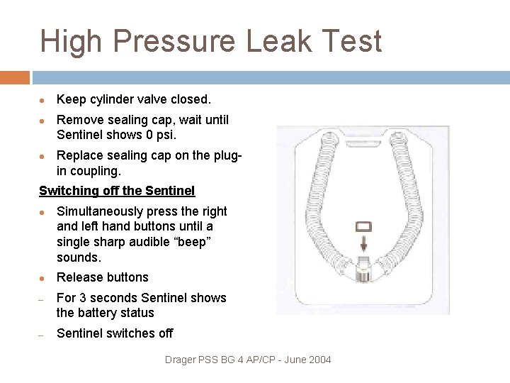 High Pressure Leak Test Keep cylinder valve closed. Remove sealing cap, wait until Sentinel