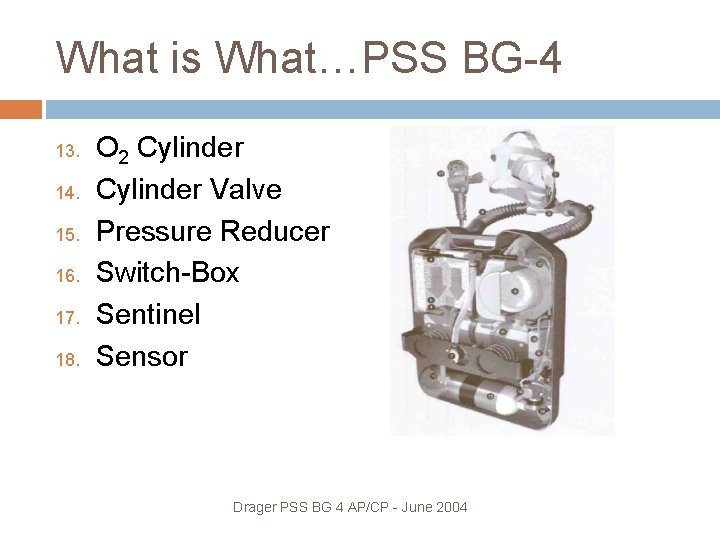 What is What…PSS BG-4 13. 14. 15. 16. 17. 18. O 2 Cylinder Valve