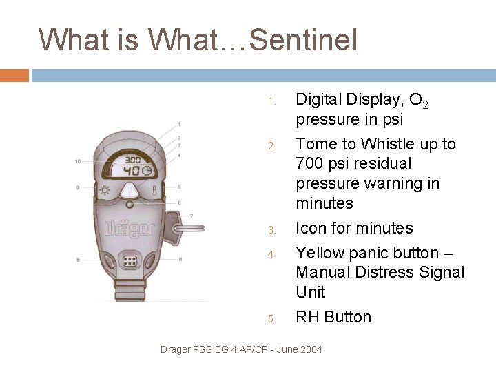 What is What…Sentinel 1. 2. 3. 4. 5. Digital Display, O 2 pressure in