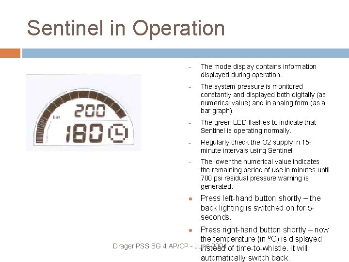 Sentinel in Operation – – – The mode display contains information displayed during operation.