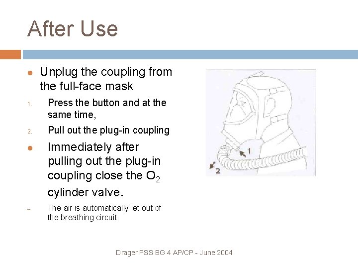 After Use 1. 2. – Unplug the coupling from the full-face mask Press the