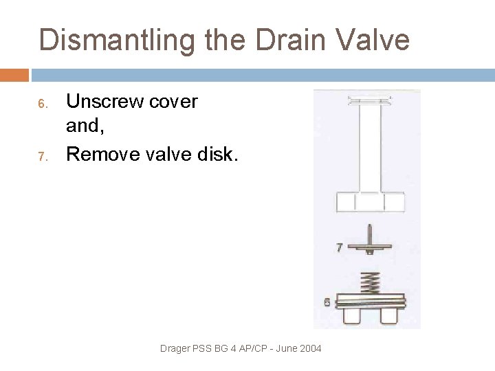 Dismantling the Drain Valve 6. 7. Unscrew cover and, Remove valve disk. Drager PSS