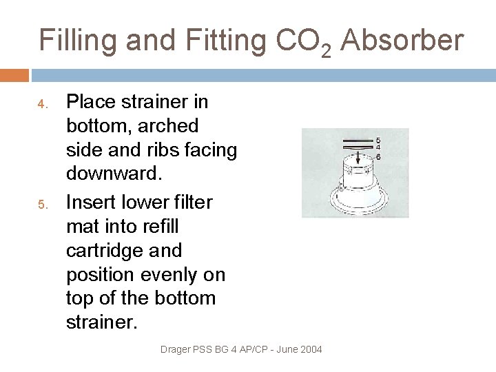 Filling and Fitting CO 2 Absorber 4. 5. Place strainer in bottom, arched side