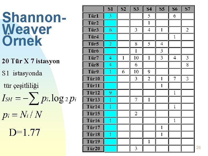 Shannon. Weaver Örnek 20 Tür X 7 istasyon S 1 istasyonda tür çeşitliliği D=1.