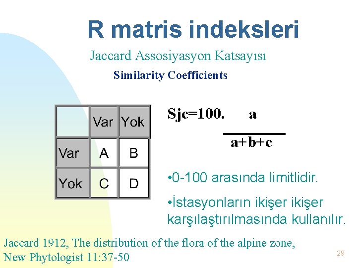 R matris indeksleri Jaccard Assosiyasyon Katsayısı Similarity Coefficients Sjc=100. a a+b+c • 0 -100