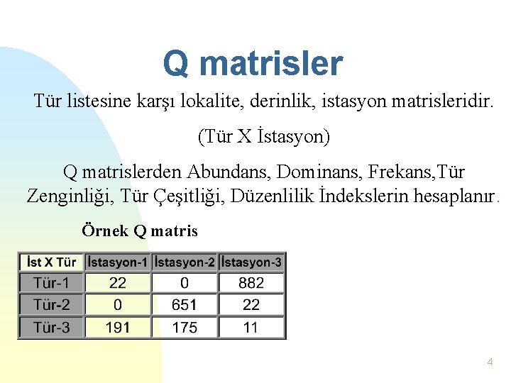 Q matrisler Tür listesine karşı lokalite, derinlik, istasyon matrisleridir. (Tür X İstasyon) Q matrislerden