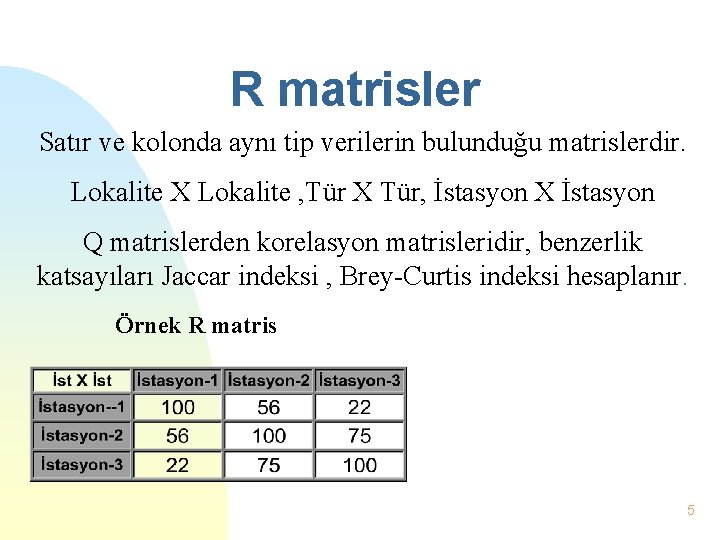 R matrisler Satır ve kolonda aynı tip verilerin bulunduğu matrislerdir. Lokalite X Lokalite ,