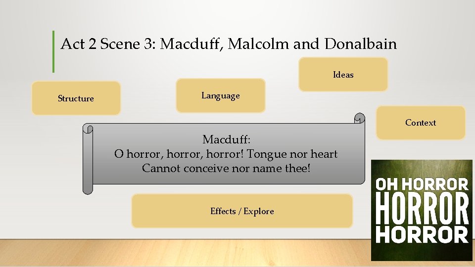 Act 2 Scene 3: Macduff, Malcolm and Donalbain Ideas Structure Language Context Macduff: O