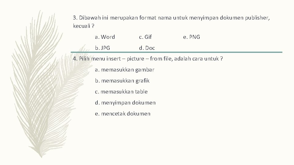 3. Dibawah ini merupakan format nama untuk menyimpan dokumen publisher, kecuali ? a. Word