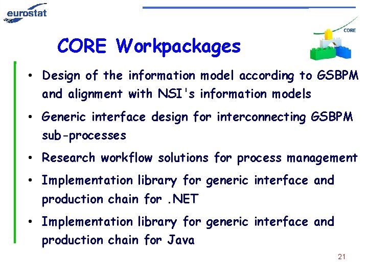 CORE Workpackages • Design of the information model according to GSBPM and alignment with