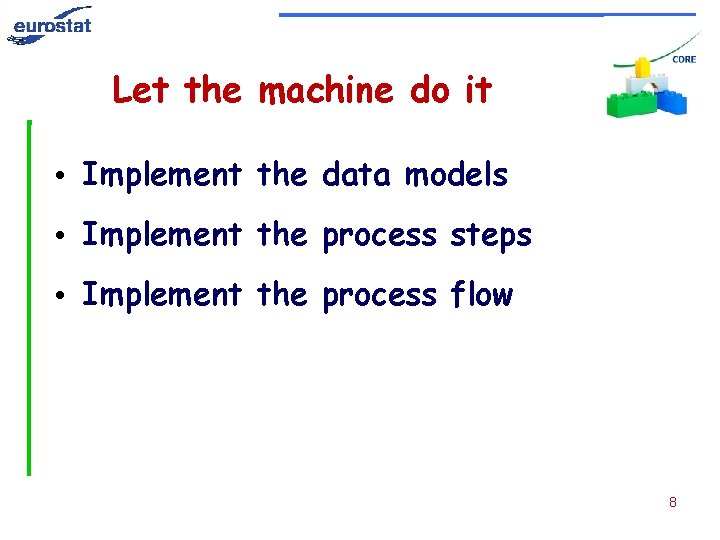 Let the machine do it • Implement the data models • Implement the process