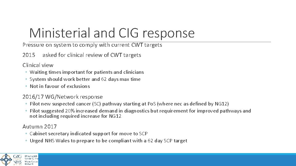 Ministerial and CIG response Pressure on system to comply with current CWT targets 2015