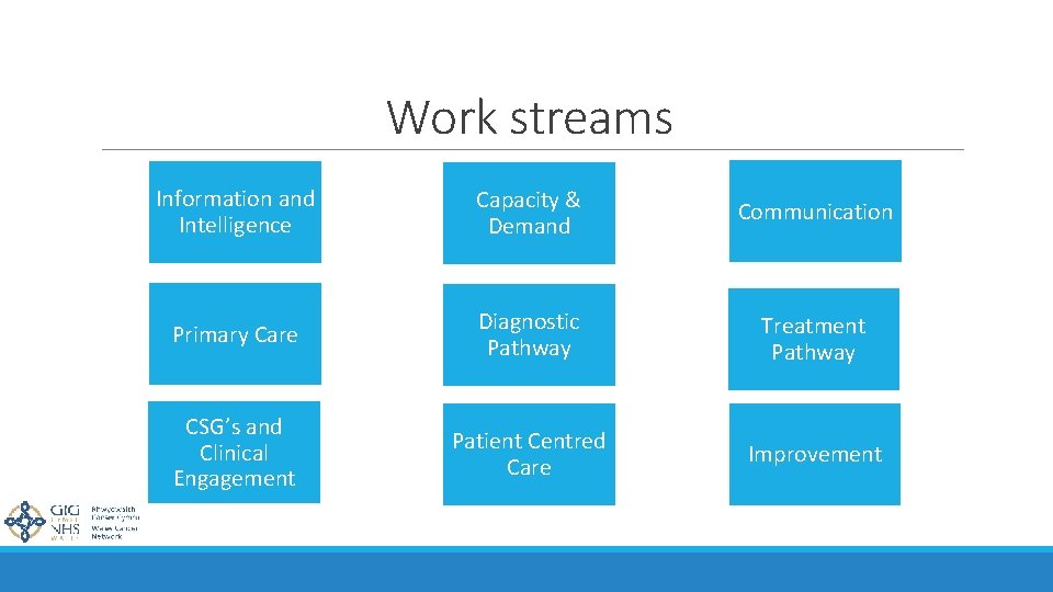 Work streams Information and Intelligence Capacity & Demand Communication Primary Care Diagnostic Pathway Treatment