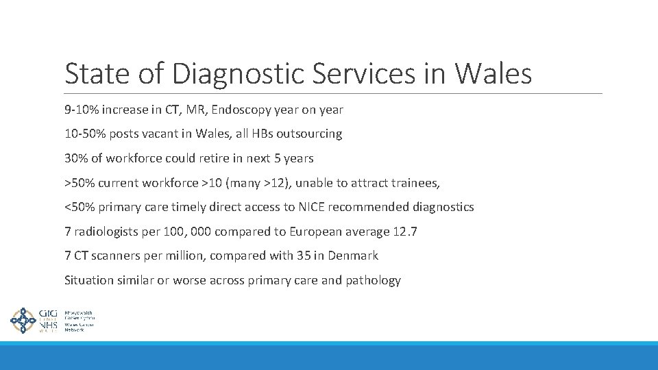 State of Diagnostic Services in Wales 9 -10% increase in CT, MR, Endoscopy year