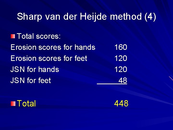 Sharp van der Heijde method (4) Total scores: Erosion scores for hands Erosion scores