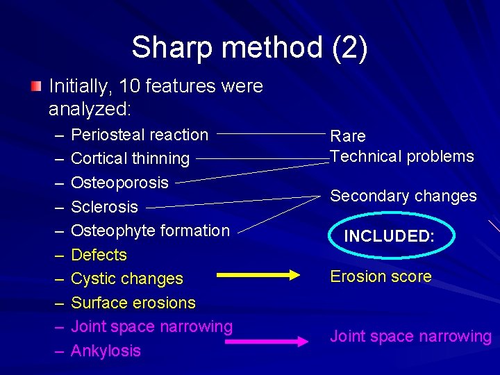 Sharp method (2) Initially, 10 features were analyzed: – – – – – Periosteal